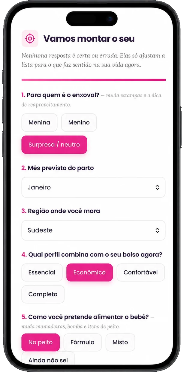 Questionário do aplicativo: para quem é o enxoval, mês previsto do parto, região onde mora, perfil de bolso e forma de alimentação do bebê