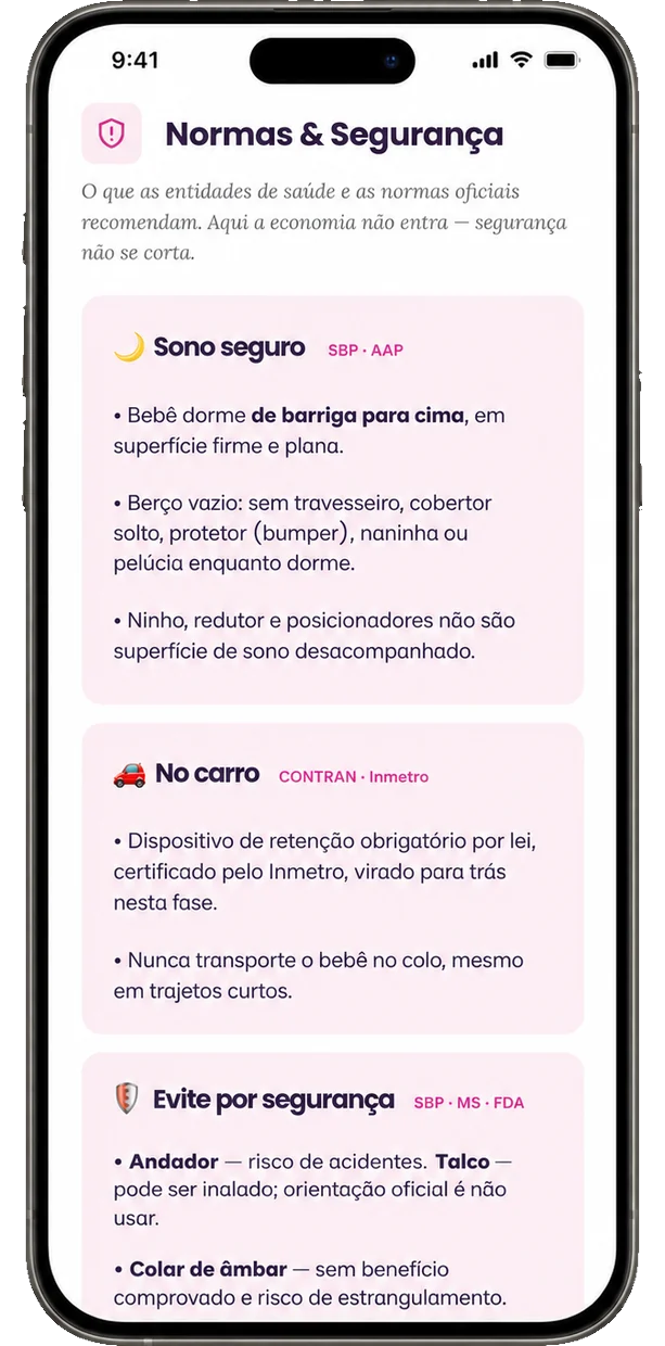 Aba Normas e Segurança: sono seguro pela SBP e AAP, cadeirinha pelo CONTRAN e Inmetro, e itens a evitar por segurança