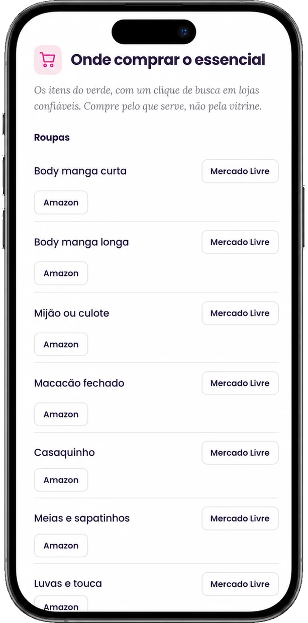 Aba Onde comprar o essencial: cada item do verde com botões de busca no Mercado Livre e na Amazon