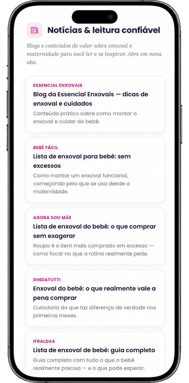 Aba Notícias e leitura confiável, com blogs e conteúdos sobre enxoval já selecionados
